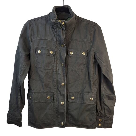 J Crew Downtown Field Jacket Women's XS Army Green Gold Zip Snap Chore Safari - Picture 1 of 13